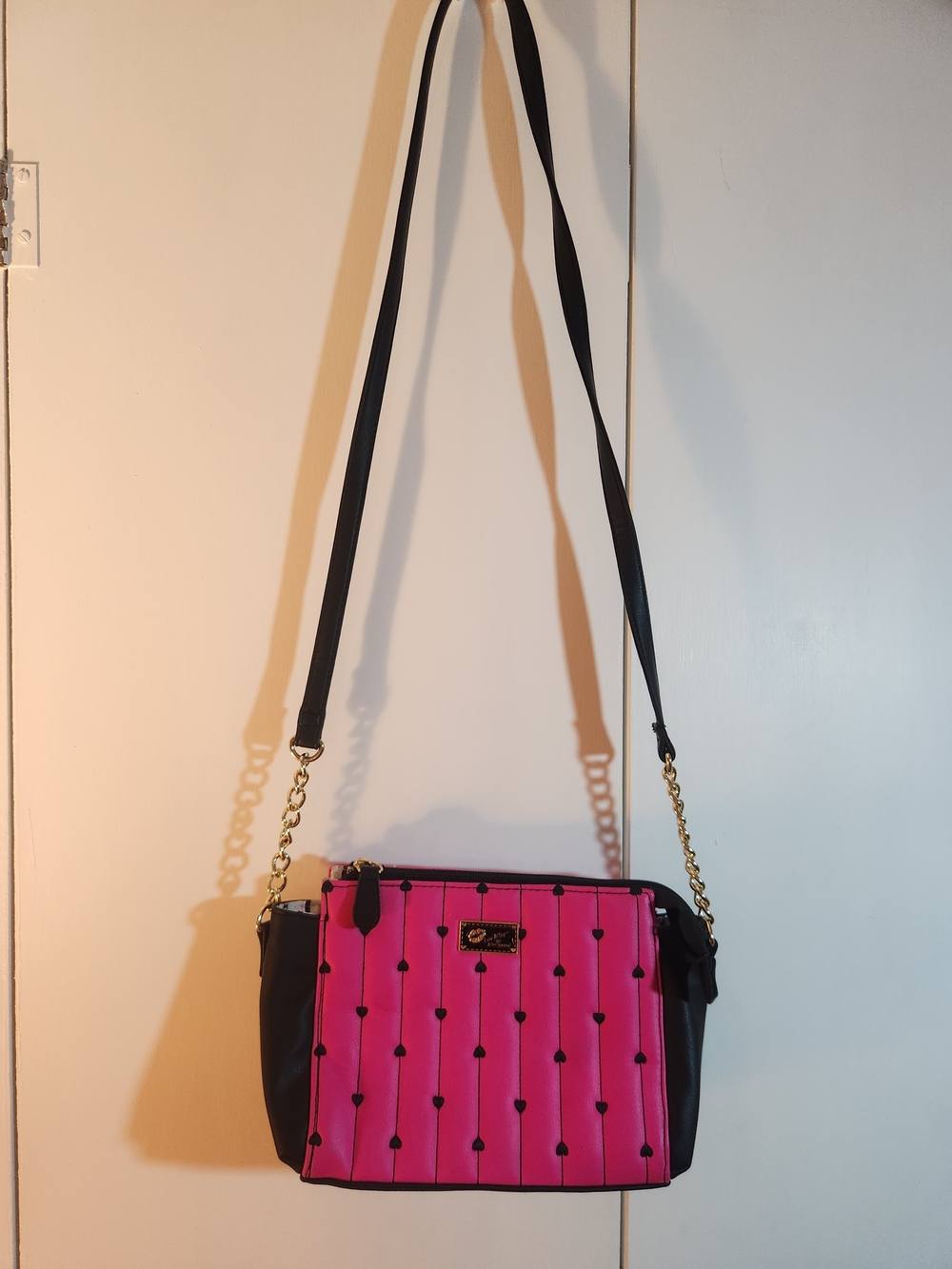 Betsey Johnson Women's Hot Pink and Black Quilted Crossbody Bag